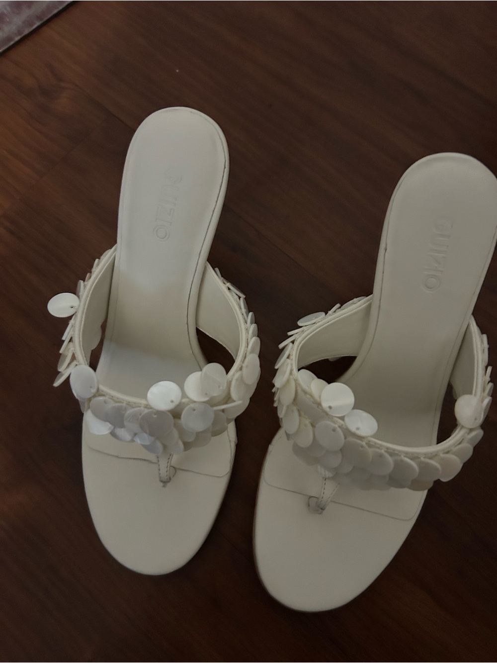 Guizio White Sequin Thong High Heel Sandal - Picture 11 of 11